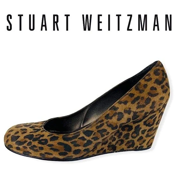 Stuart Weitzman Animal Leopard Cheetah Print Suede Leather Wedge Shoes Size 7.5 - Picture 3 of 16